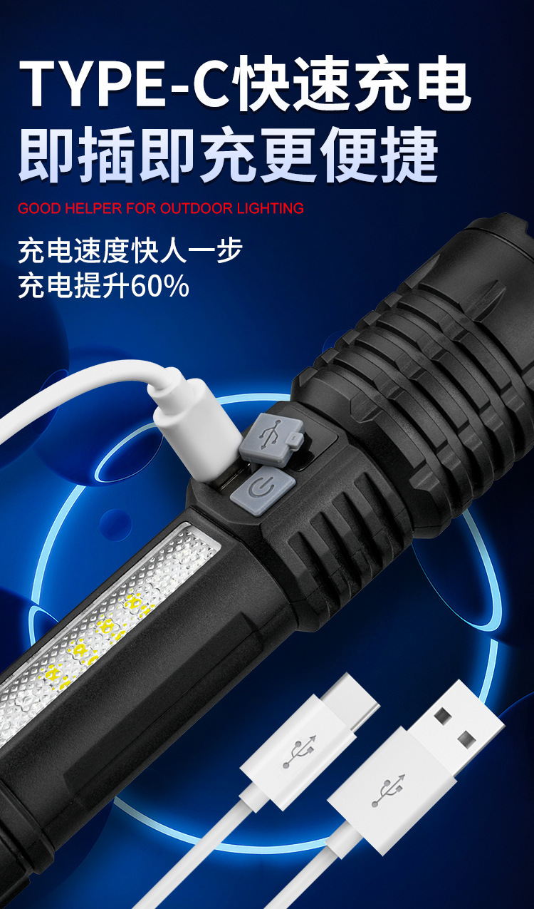 Cross-Border Best-Selling Multifunctional Flashlight with Side Light, Digital Display, Long Battery Life, Outdoor Long-Range Zoom Flashlight