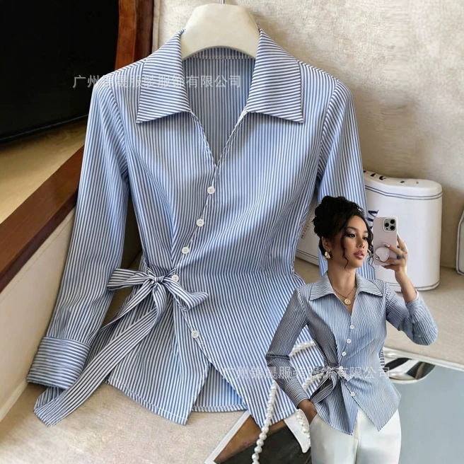 Amazon Best-Selling Striped Slim-Fit Shirt with Diagonal Placket, Bow Tie, Turn-Down Collar, Long Sleeves, Women's Commuting Top Amazon Best-Selling Striped Slim-Fit Shirt with Diagonal Placket, Bow Tie, Turn-Down Collar, Long Sleeves, Women's Commuting Top