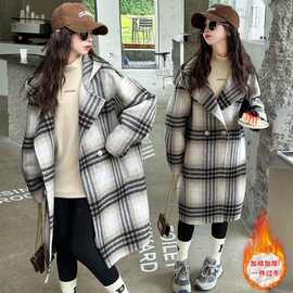 女童洋气格子毛呢外套春秋2025新款中大儿童女孩加厚毛绒呢子大衣