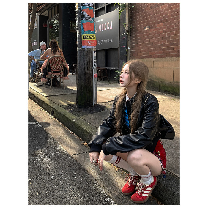 欧美跨境亚马逊美式安可拉红色皮衣外套女2025新款小个子短款夹克|undefined