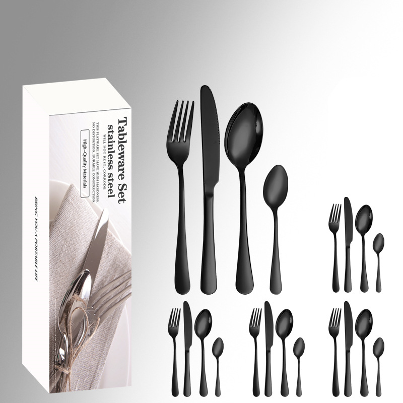 Amazon productos calientes de acero inoxidable vajilla 24 unidades traje 1010 cuatro piezas principales caja simple comida occidental cuchillo, tenedor y cuchara