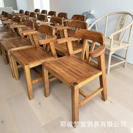 侘寂风老榆木靠背椅家用创意板凳咖啡厅民宿休闲椅小院泡茶实木椅