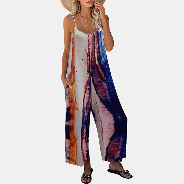 Transfronterizo Amazon 2025 verano nuevo estilo europeo y americano comercio exterior ropa de mujer estampado tirantes bolso casual de pierna ancha mono
