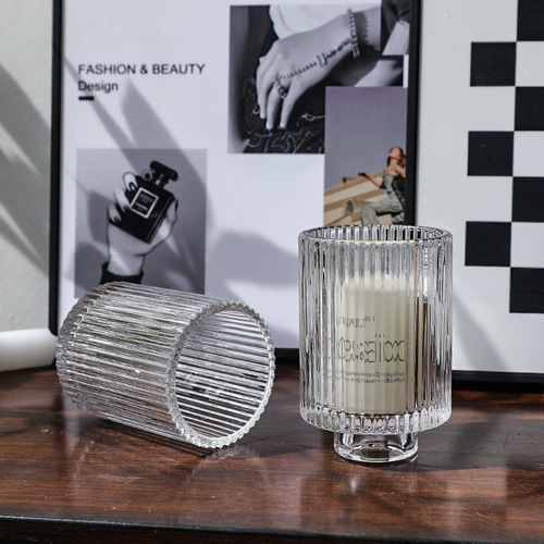 Nordic light luxury vertical pattern dual-use glass candle holder with candle and wax pouring, glass household home decoration item ornament