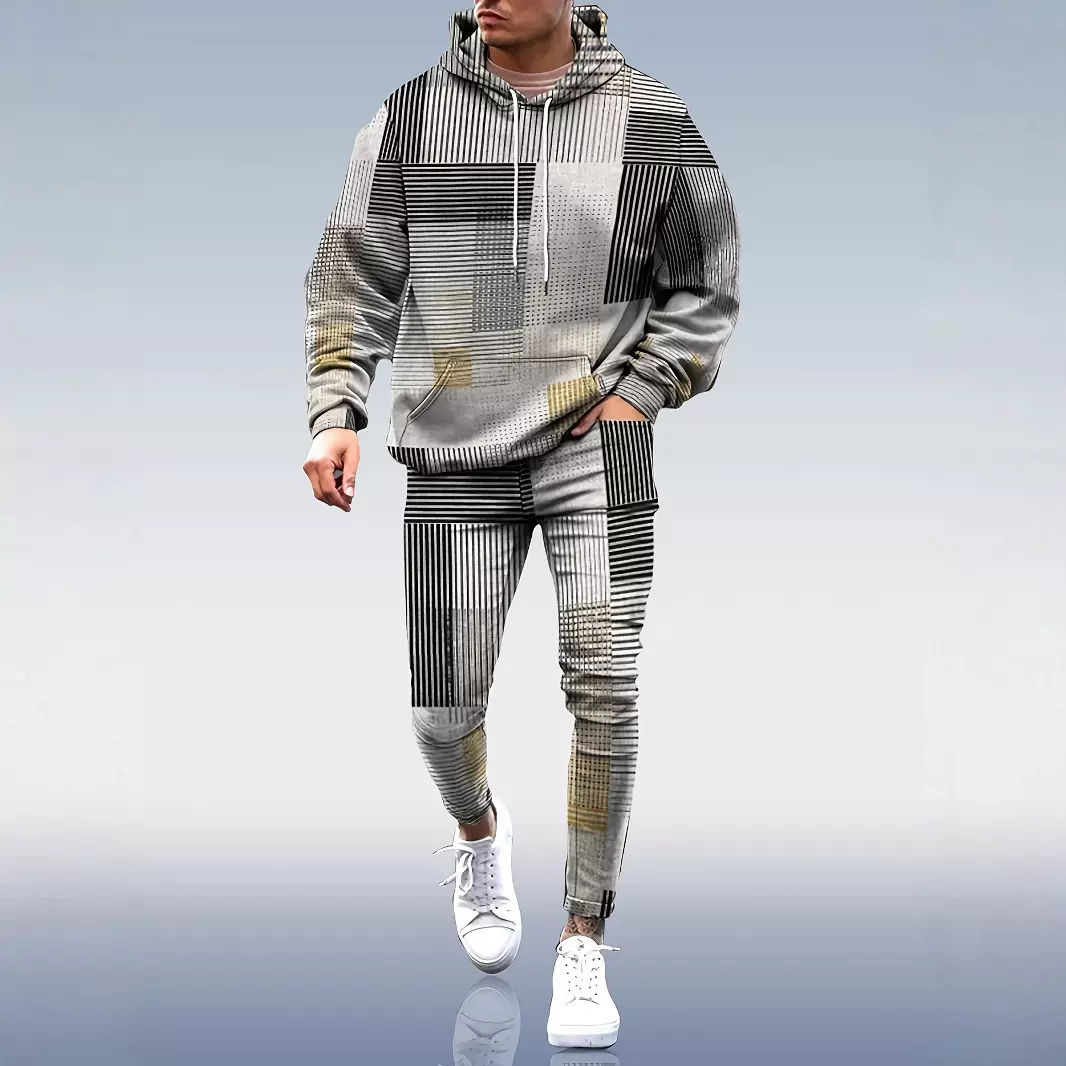 春秋季圆领带帽3D印花休闲运动套装男长袖长裤宽松男士卫衣卫裤