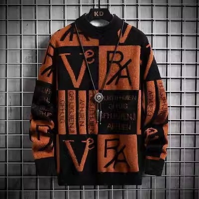 Fashionable two-tone velvet knitted sweater with a round collar