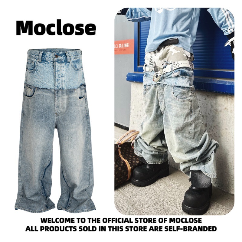 Moclose American Street Style Parisian Retro Double-Layer Waist Patchwork Distressed Loose Wide-Leg Jeans for Men and Women