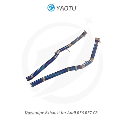 YT front exhaust system for Audi RS6 RS7 C8, titanium with blue flame (Exhaust pipe)