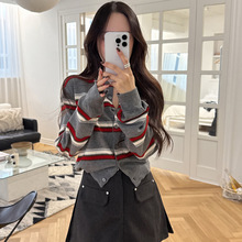 韩国ins春秋百搭韩版时尚气质撞色条纹长袖针织开衫小外套女上衣