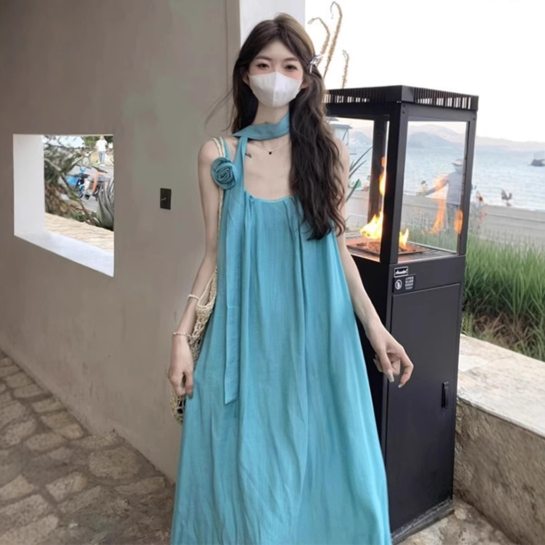 도파민 슬링 원피스 여성 여름 프랑스 스타일 작은 소녀 싼야 여행 착용 비치 롱 원피스
