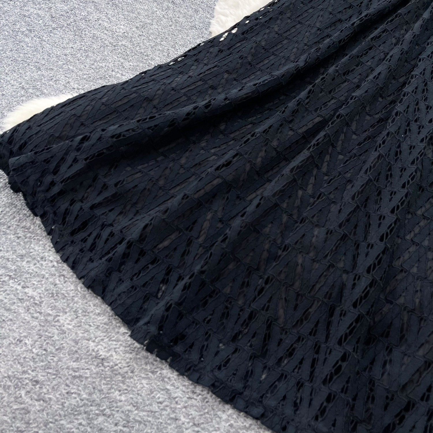 French-Inspired Lace Dress With Tie Waist - Elegant Black A-Line Midi Dress For Women_ecoleips.com