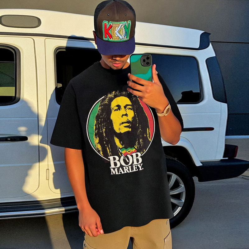 Men's Fashion Brand European and American High Street Jamaican Reggae Godfather Bob Marley Round Neck Short-Sleeved T-Shirt T-Shirt