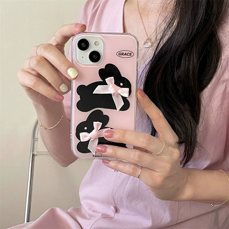 Чехол для телефона (Apple) iPhone 11–16 серии совместимый — 3D-заяц с бантом, прозрачный TPU