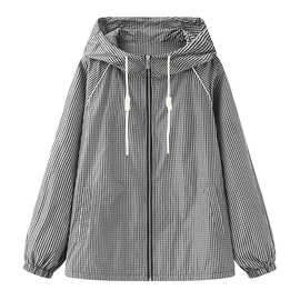 2026春季新品女装复古格纹轻括抽绳连帽运动风夹克外套 1JKT021