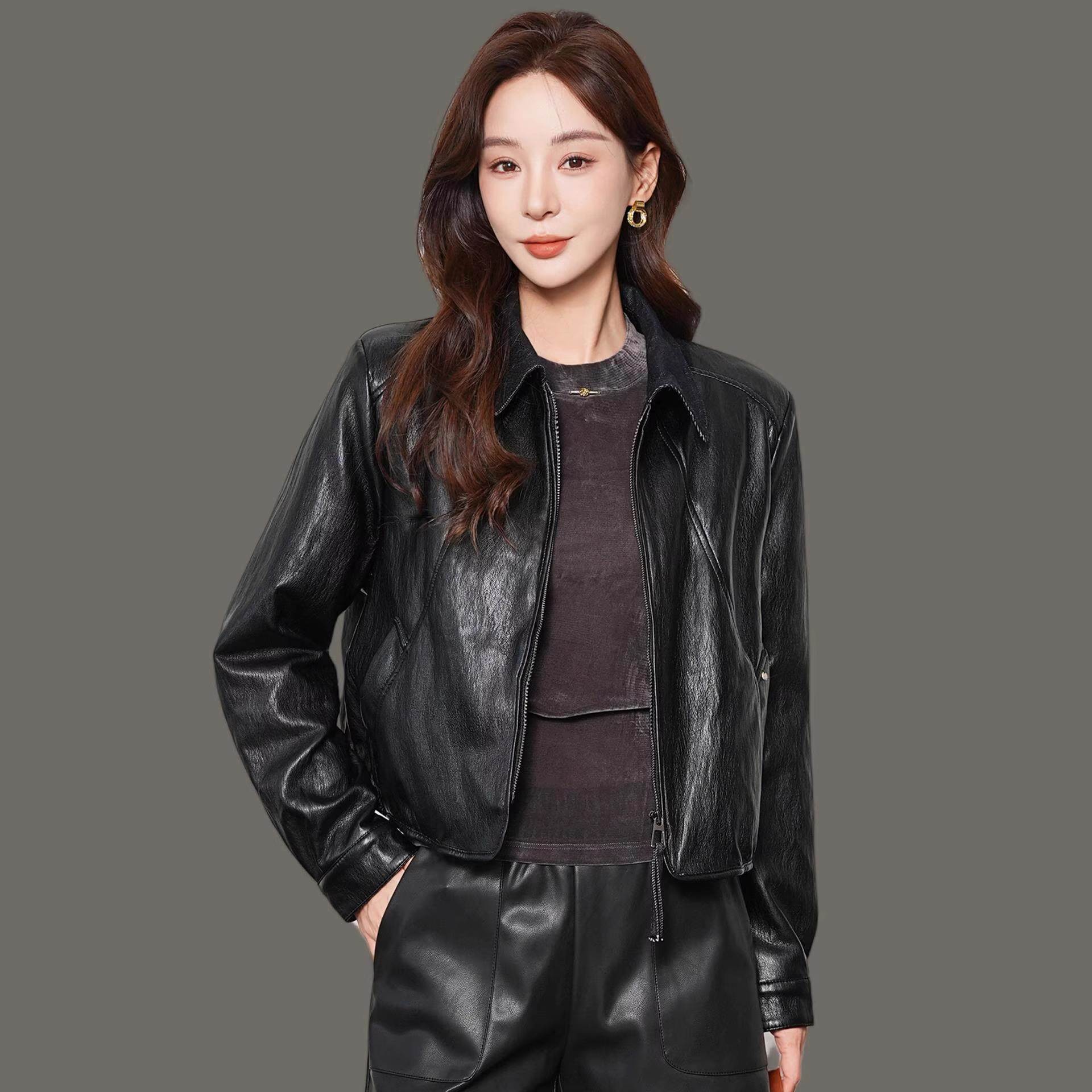 High-End Boutique Same-Style Genuine Leather Fleece-Lined Jacket for Women, Autumn and Winter Thickened Warm Casual Turn-Down Collar Jacket with a Premium Feel