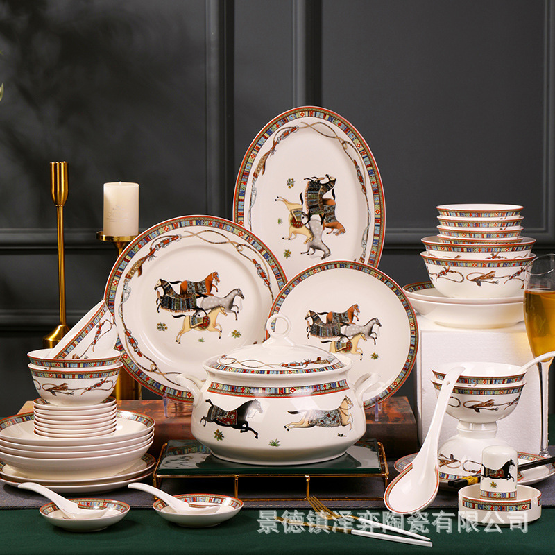 Jingdezhen Bowl and Plate Ceramic Dinnerware Set Bone China Bowl Tableware Bowl Chopsticks Plate Combination Set Bowl Ins Style White Porcelain