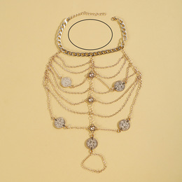 Fashion Retro Alloy Engraved Coin Multi-Layer Mesh Tassel Toe Anklet Bracelet Accessories