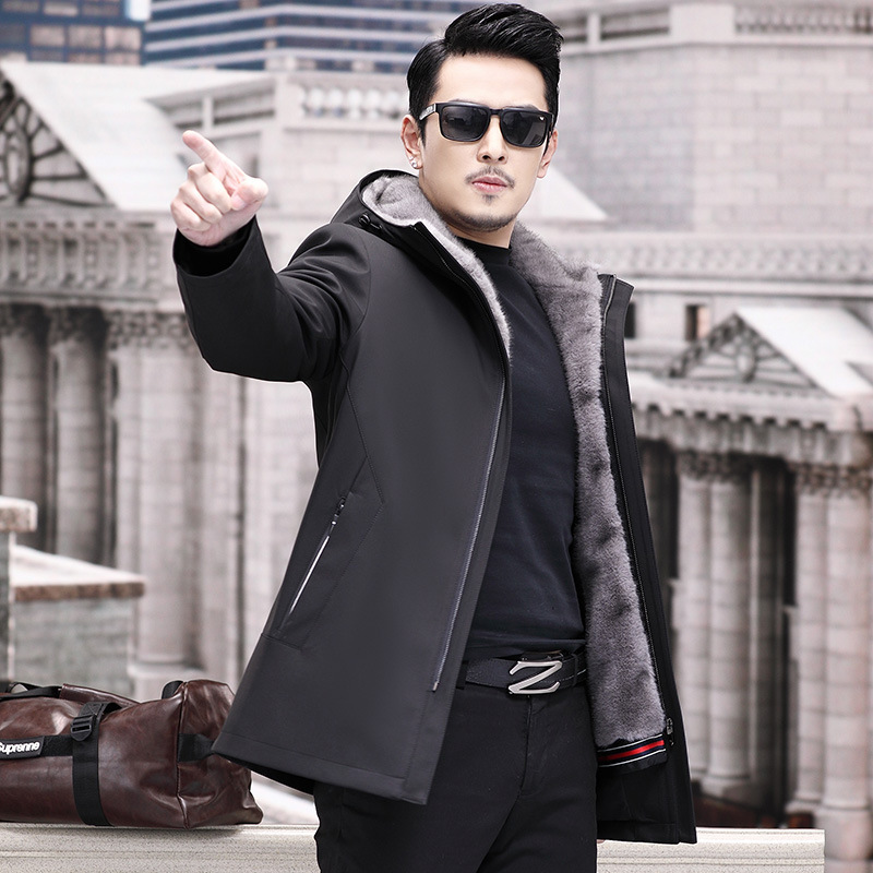 Haining Brand Parka for Men with Full Mink Fur Lining, Mink Fur Coat, Fur Integrated with Genuine Leather, Fur Jacket, Thickened