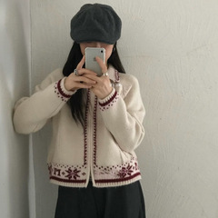 秋冬季双拉链提花撞色针织开衫外套女高级感慵懒风短款小个子毛衣