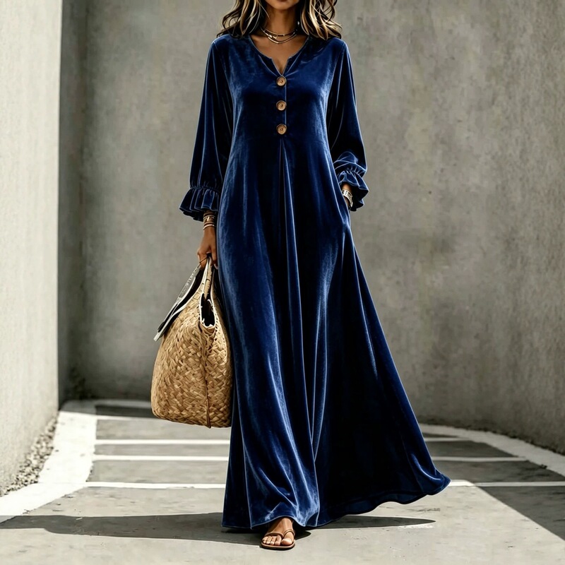 New European and American cross-border Amazon independent site velvet loose-fitting ruffle-sleeve elegant V-neck long dress