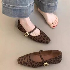 现货秒发~晚晚风绒面小方头浅口玛丽珍鞋女秋季豹纹一字扣单鞋女