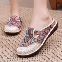 2024 Summer Ethnic Style Old Beijing Cloth Shoes Toe Slippers Breathable Women's Shoes Linen National Style Half Slippers Hanfu Shoes 