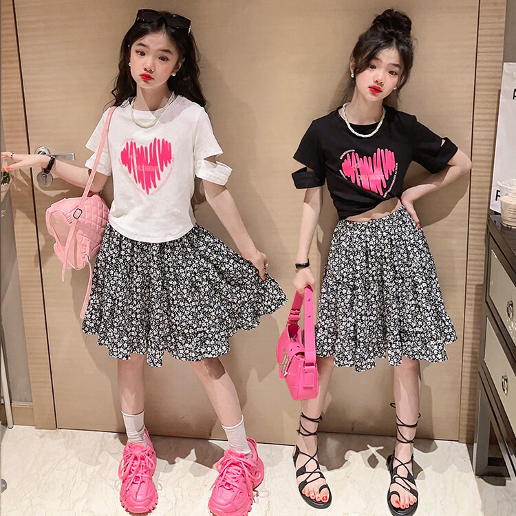 女童夏季韓版套裝2024新款中大童印花愛心短袖碎花半身裙兩件套潮