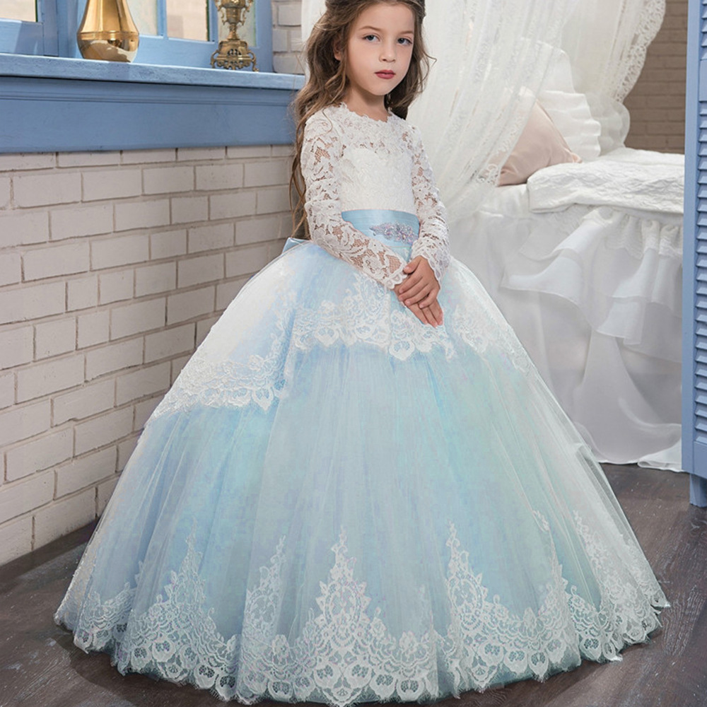 Comercio exterior transfronterizo nuevo encaje doble manga larga invierno bola flor chica pettiskirt vestido de novia entrega de una sola pieza