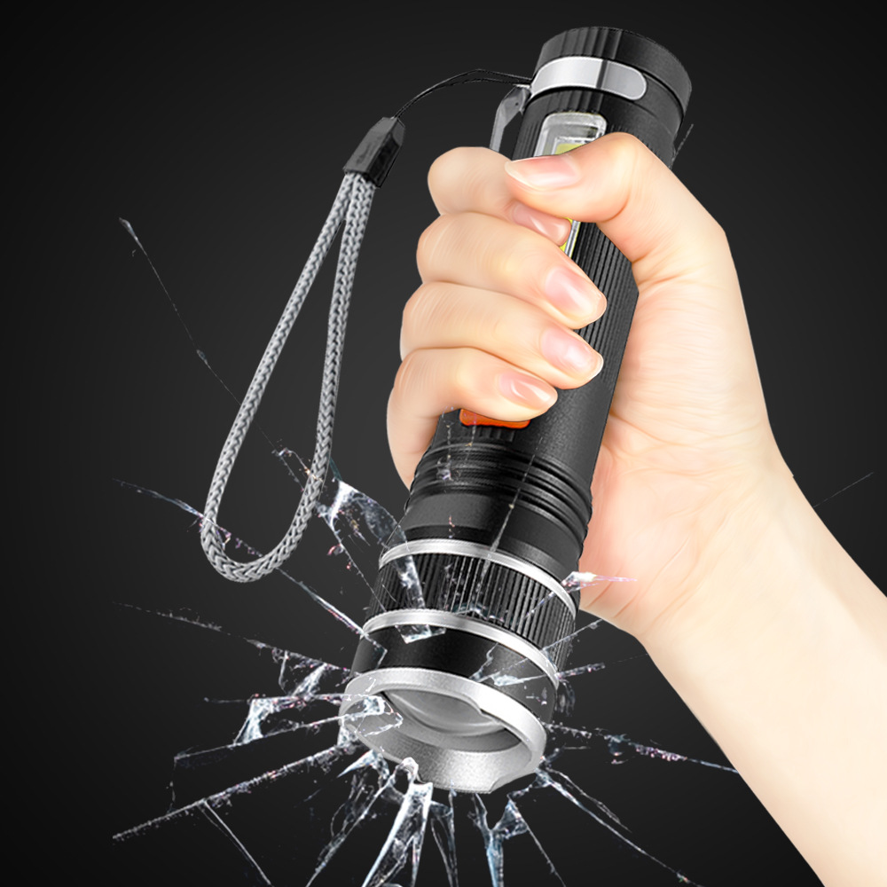 Nuevo p50 linterna de luz fuerte impermeable al aire libre con ventana rota martillo banco de energía de emergencia cob doble fuente de luz linterna remota