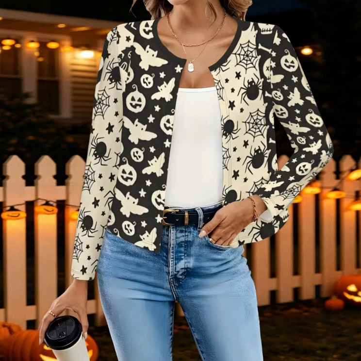 Halloween Women's Casual Breathable Cardigan Jacket, Fashionable and Versatile Lightweight Autumn Coat for Holiday Parties Halloween Women's Casual Breathable Cardigan Jacket, Fashionable and Versatile Lightweight Autumn Coat for Holiday Parties