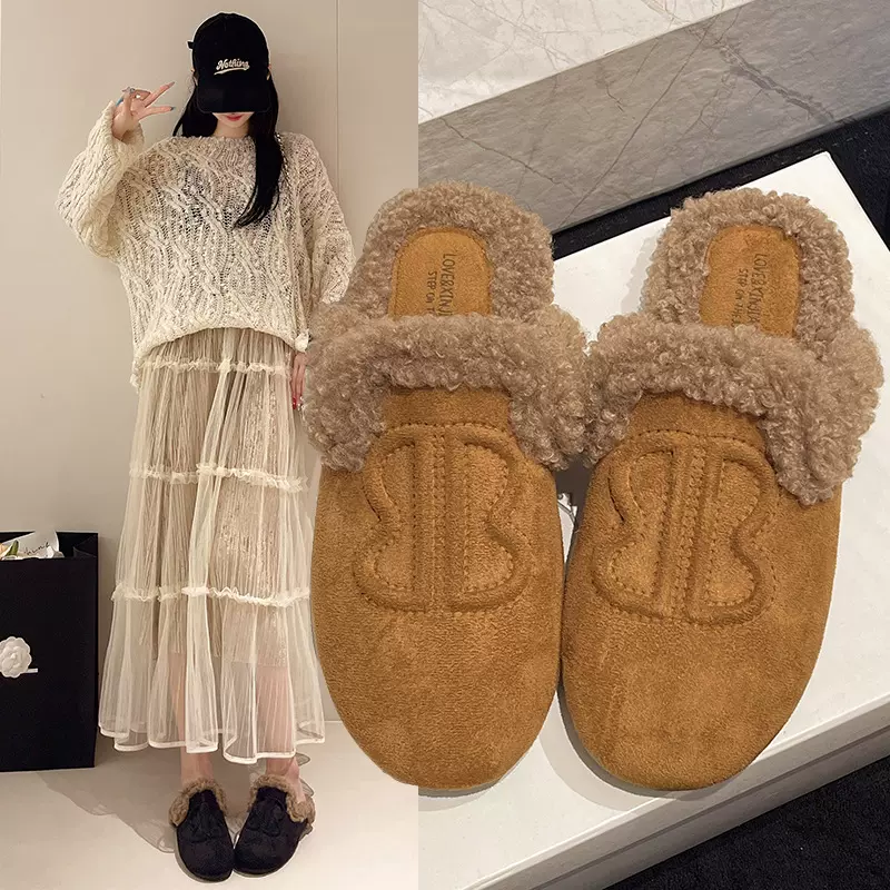 欧货软皮羊羔毛圆头厚底包头半拖鞋女外穿时尚一脚蹬懒人毛毛鞋拖
