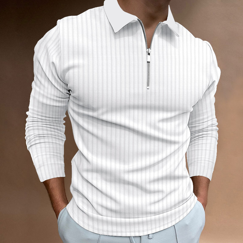 Nuevo transfronterizo de otoño para hombres europeos y estadounidenses deportivo acondicionamiento físico casual de collar vertical elástico tiras verticales con cremallera de manga larga camisa polo