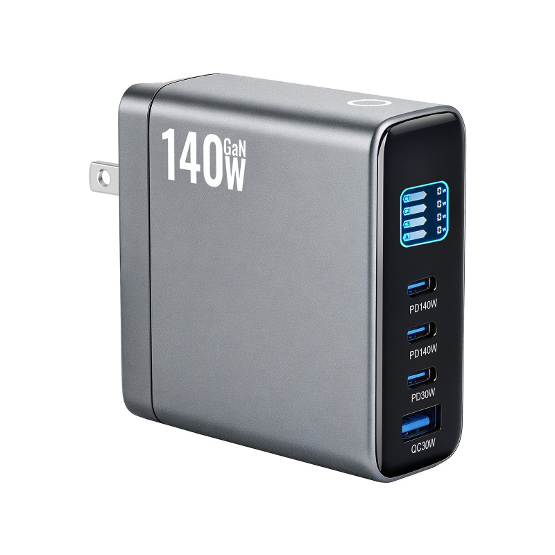 140W Gallium Nitride Tft Display Charger 140W Foldable Adapter with Interchangeable Feet and Digital Display 140W Charger