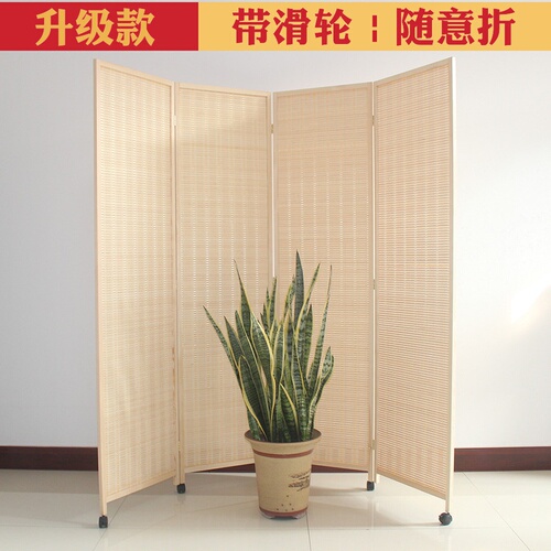 Wholesale mobile screen partition with sliding wheel, folding solid wood and bamboo weaving, simple office and restaurant, Japanese sliding with wheels