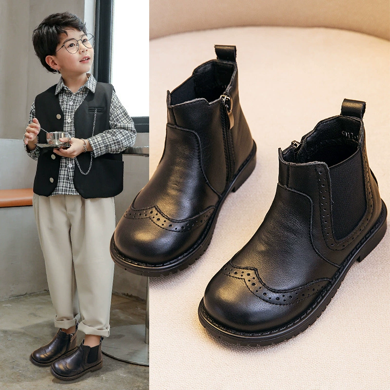 Детские ботинки, осень 2021, новый стиль, ботинки из натуральной кожи для мальчиков, нескользящие зимние хлопковые непромокаемые короткие сапоги на мягкой подошве для девочек