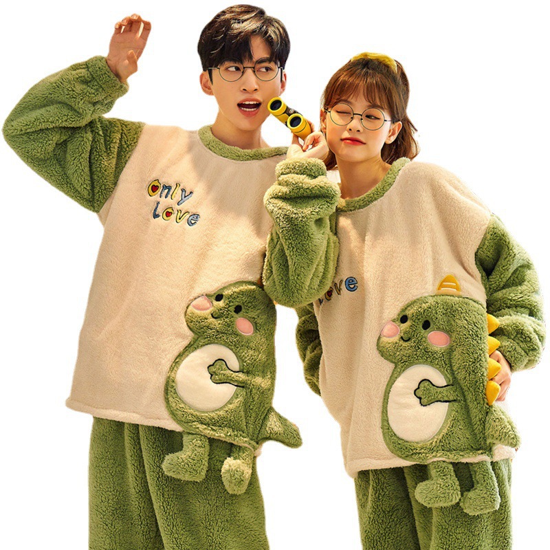 2023 pijamas de pareja de mujer de manga larga de felpa cálida suelta de dibujos animados de franela casual ropa de hogar traje de hombre