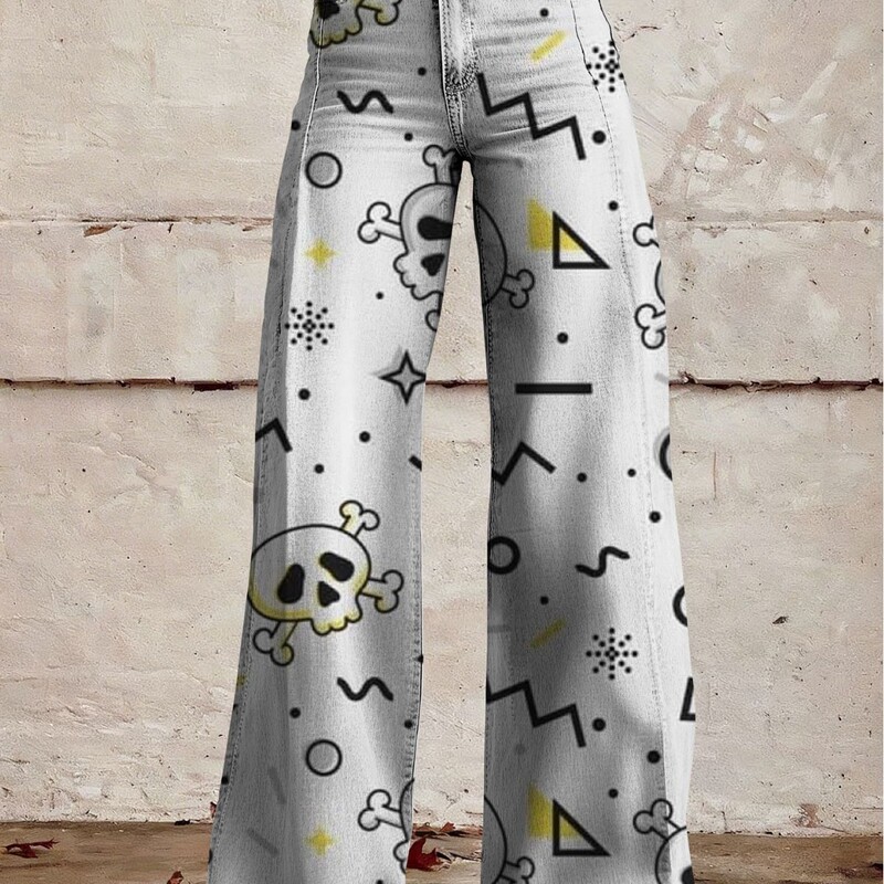 Cross-Border Hot-Selling 3D Printed Wide-Leg Faux Denim Pants for Women, Loose High-Waisted Vintage Distressed Long Pants, Trendy Street Style