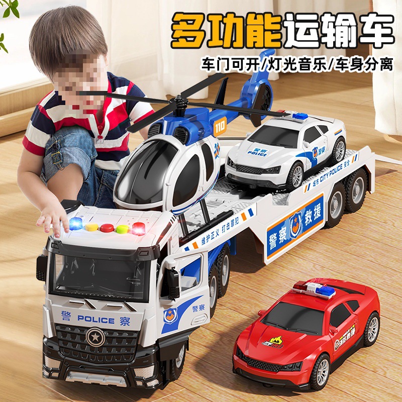 Large Fire Trailer Toy Boy Flatbed Transporter Crane Truck Kidsren's Engineering Toy Car Road Rescue