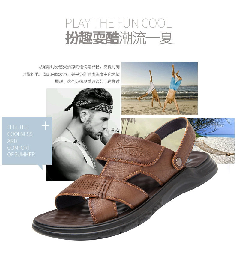 Dép sandal nam da bò hở ngón gót bằng 2,5 cm thoáng khí chống trượt — Kaki, Màu đen chi tiết 4