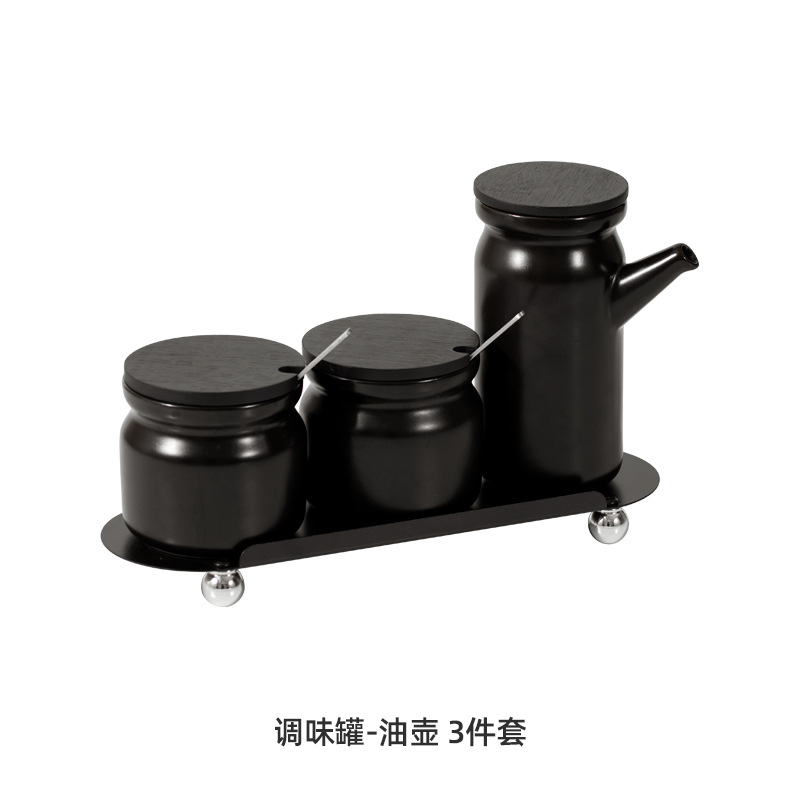 Jarra de condimento negro 2 + engrasador negro 1 con bandeja negra