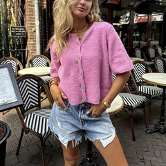 ヨーロッパとアメリカの女性の新しい半袖ニットカーディガン無地ハーフオープンカラーボタンセーター女性服レディースカジュアルカーディガン