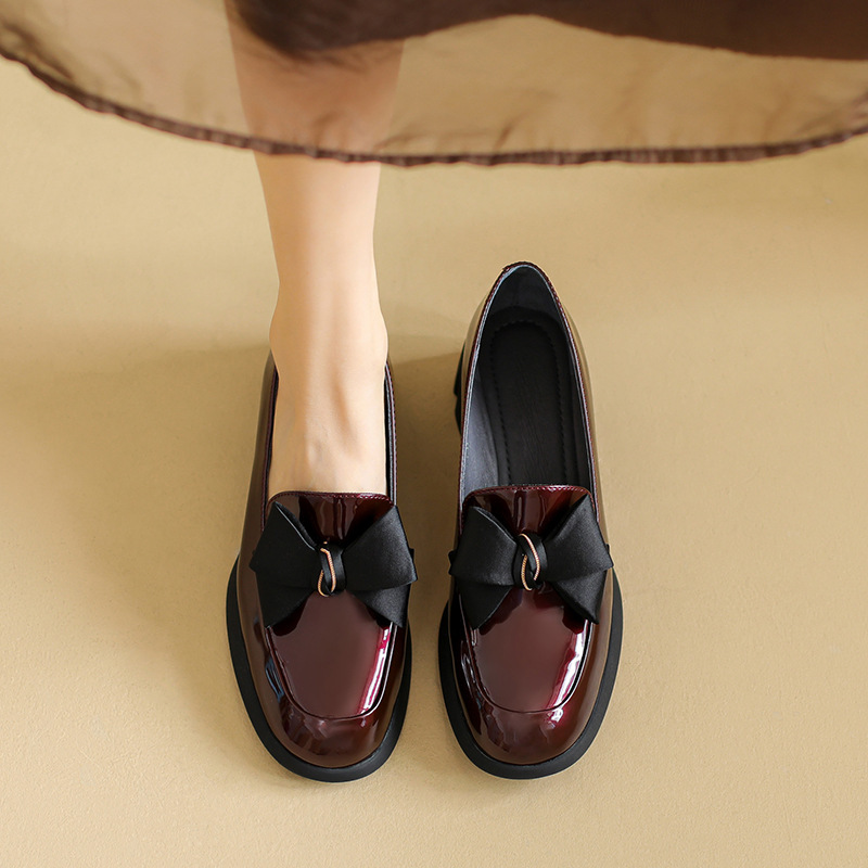 2025 Spring and Autumn Round Toe Mid-Heel Women's Shoes with Bowknot Chunky Heel High Heels Black Leather Shoes Burgundy