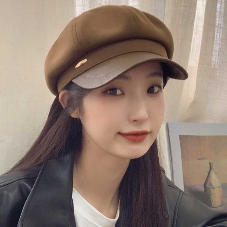 秋冬日系复古美拉德风pu毛呢拼接鸭舌贝雷帽百搭气质高级感八角帽|undefined