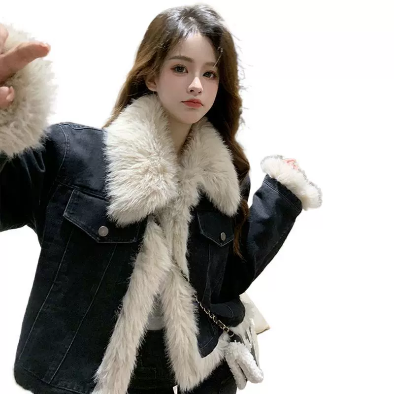 Retro brown denim autumn short down jacket, increased thickness