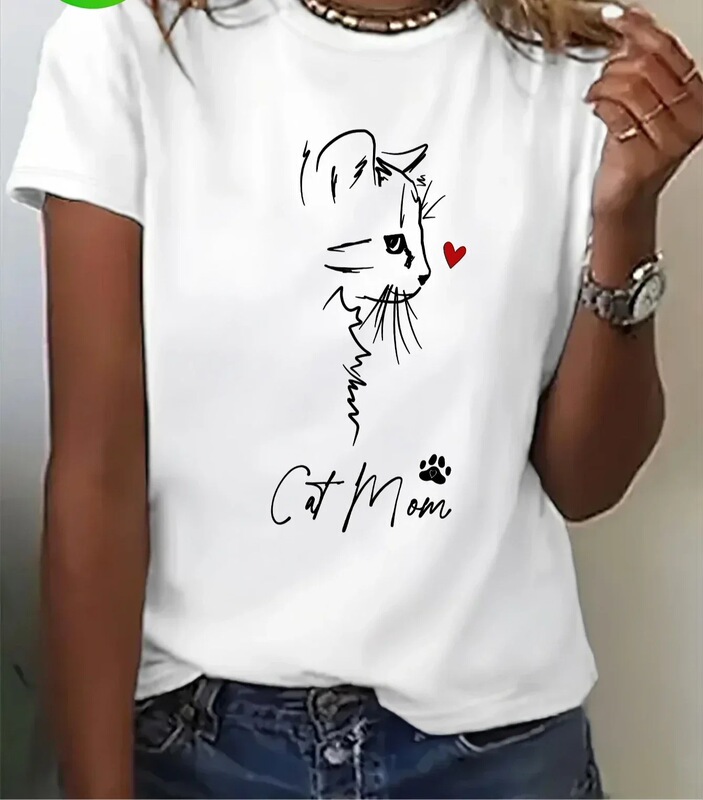 Cat Mom's Mother's Day Gift Women's Casual Short Sleeve T-Shirt Cute Cat Mom Cartoon Print Pattern for Women