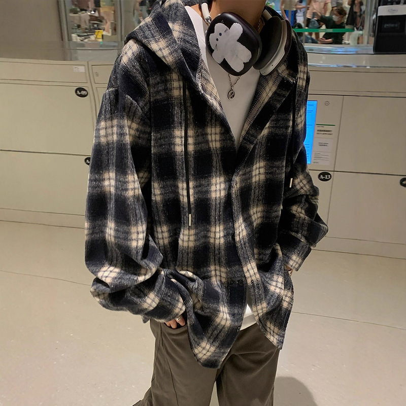 Hooded Plaid Shirt Men's Spring and Autum Hong Kong Style Casual Loose Long-Sleeved 2025 New American Retro Boys' Jacket