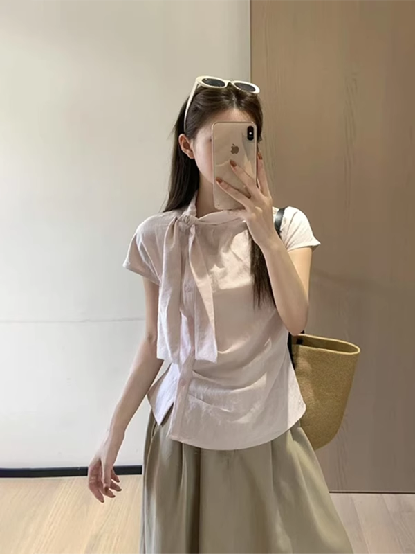 韩系条纹小飞袖飘带短袖衬衫女夏季设计感小衫不规则褶皱收腰上衣|undefined