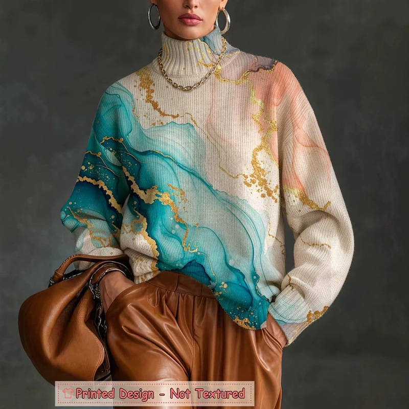 European and American cross-border 2026 women's high-neck faux sweater loose casual printed Amazon independent store autumn and winter new collection
