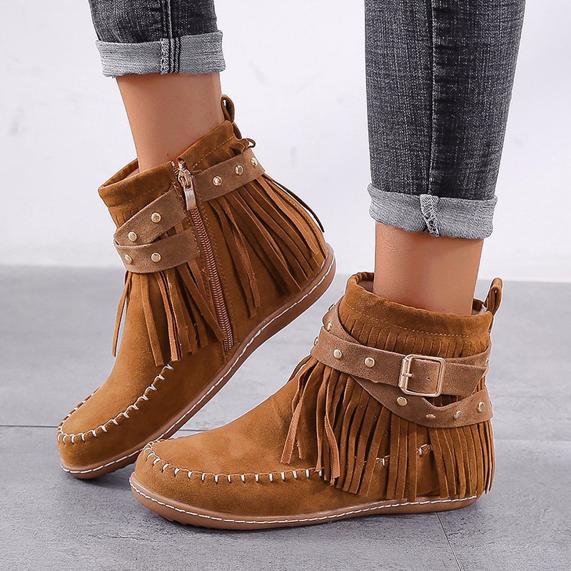 Cross-border plus size Tassel Flat Boots Women's 2023 Fall/Winter European and American Rivet Belt Buckle Martin Boots Suede Boots