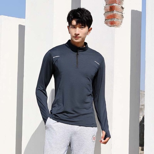 Spring and autumn men's outdoor sports mountaineering hiking stand-up collar half-zip quick-drying breathable moisture-absorbing high-elastic long-sleeved T-shirt A